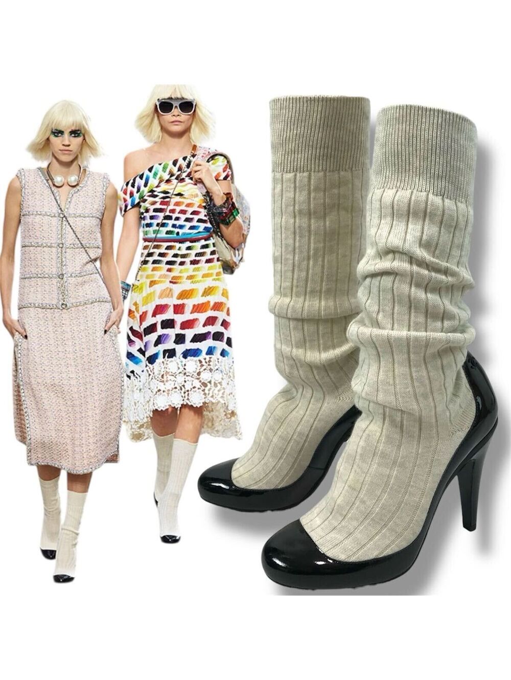 Chanel Patent Leather Knit Sock Heels Size 34.5